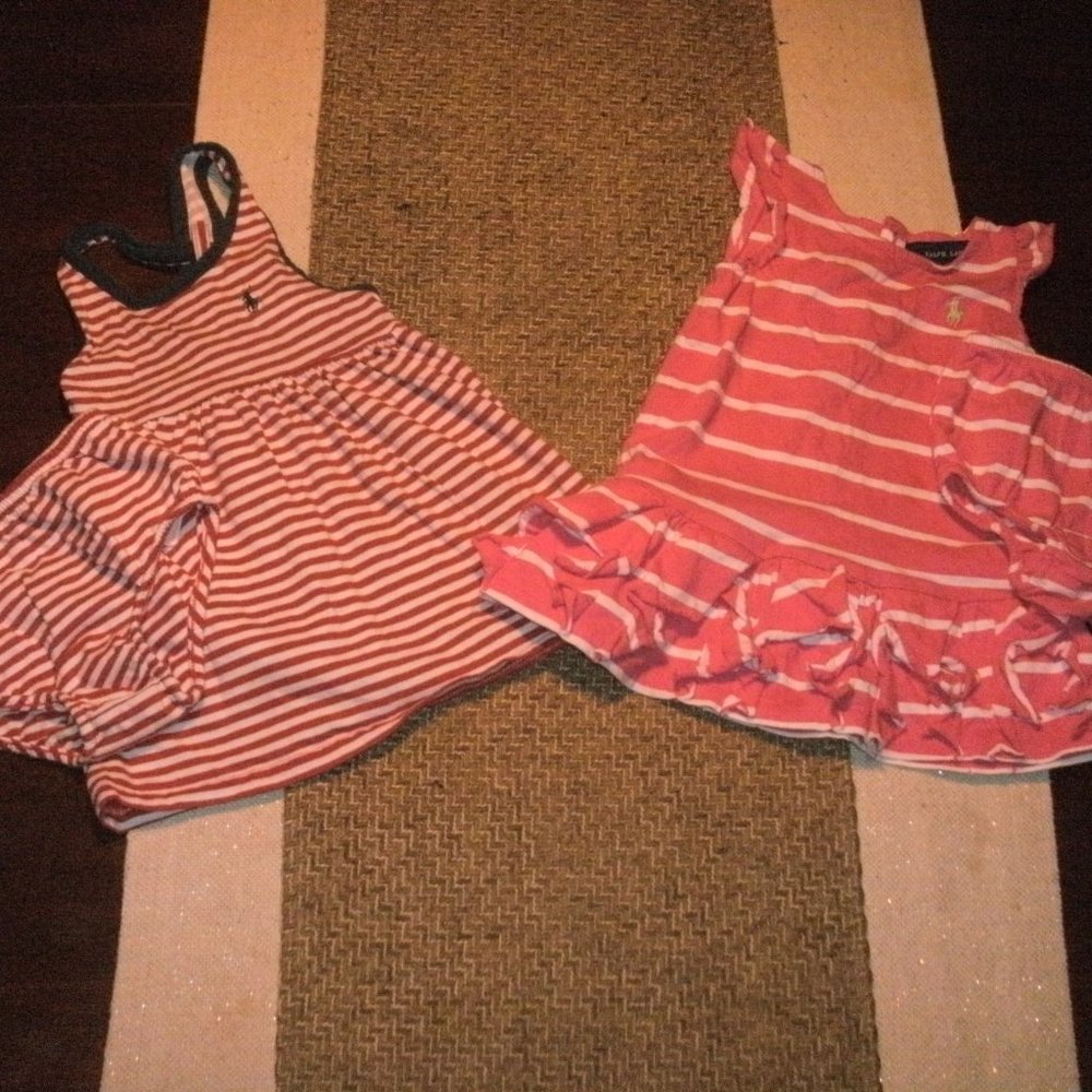 2 Ralph Lauren Dresses with Matching Bloomers Pink White Stripe & Red Stripe 12M